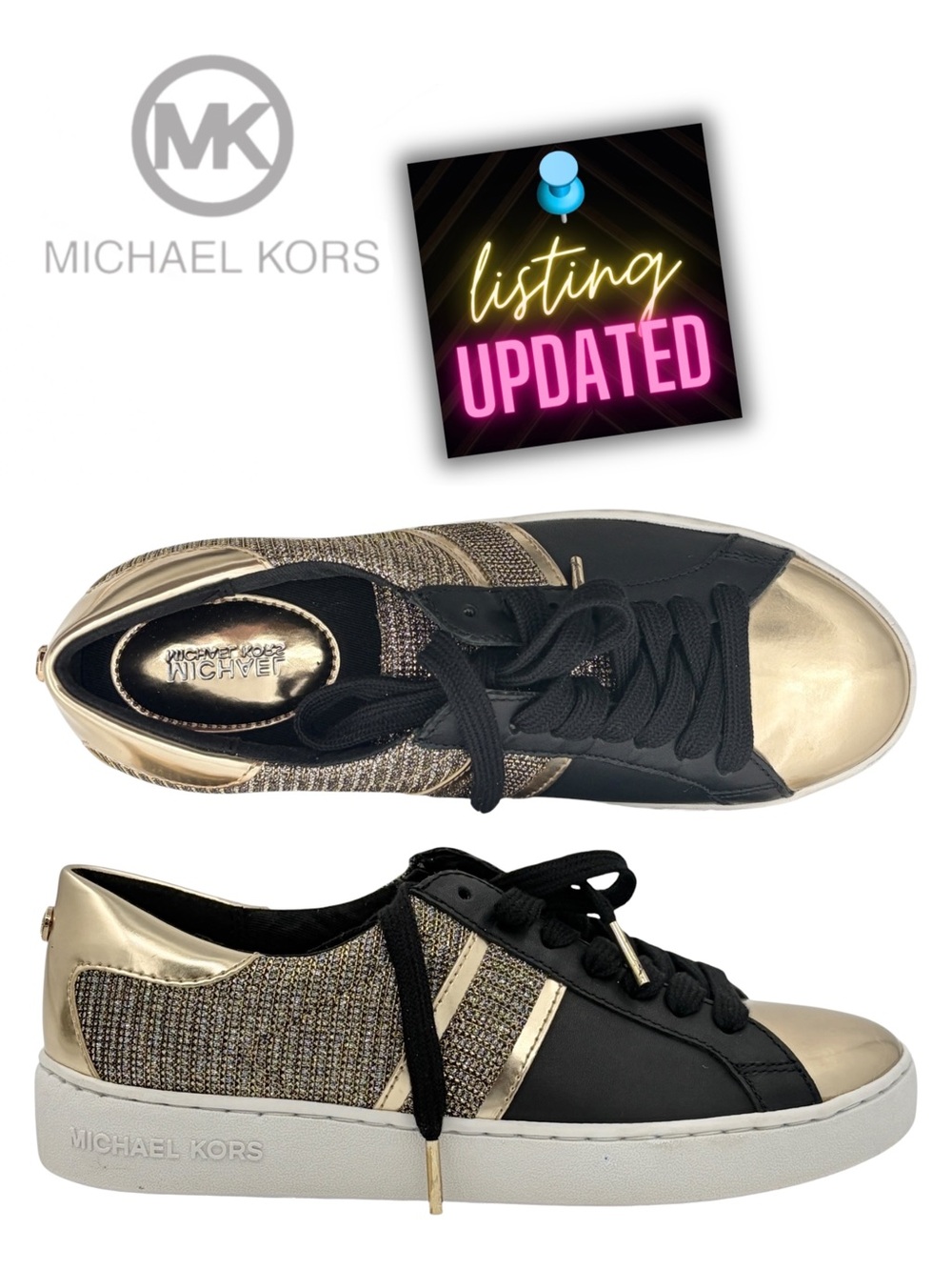 MK new Keaton Stripe Sneaker w/ Glitter Chain Mesh + Box - Picture 1 of 15